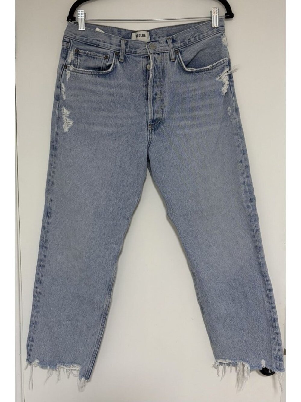 AGOLDE Women’s 90's Crop High Rise Button Fly Light Wash Distressed Jeans Sz 29